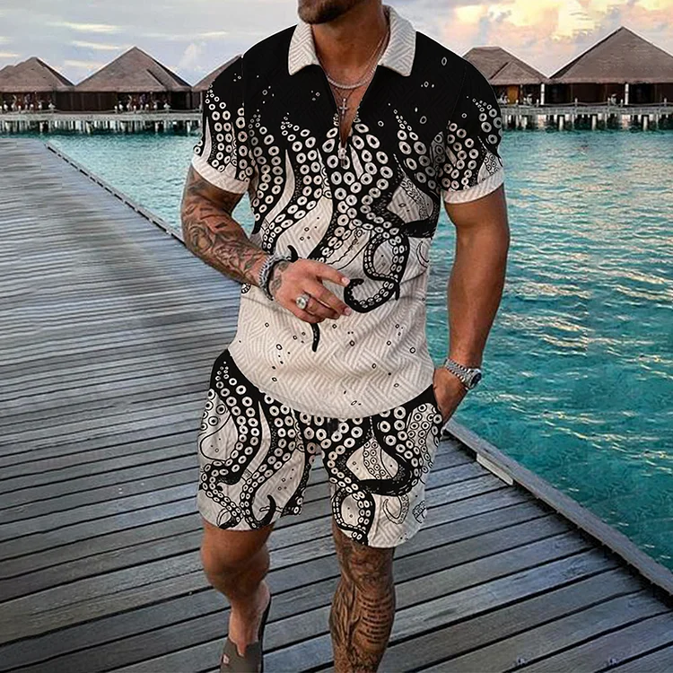 BrosWear Octopus Feet Color Contrast Stripes Print Short Sleeve Polo Shirt And Shorts Co-Ord