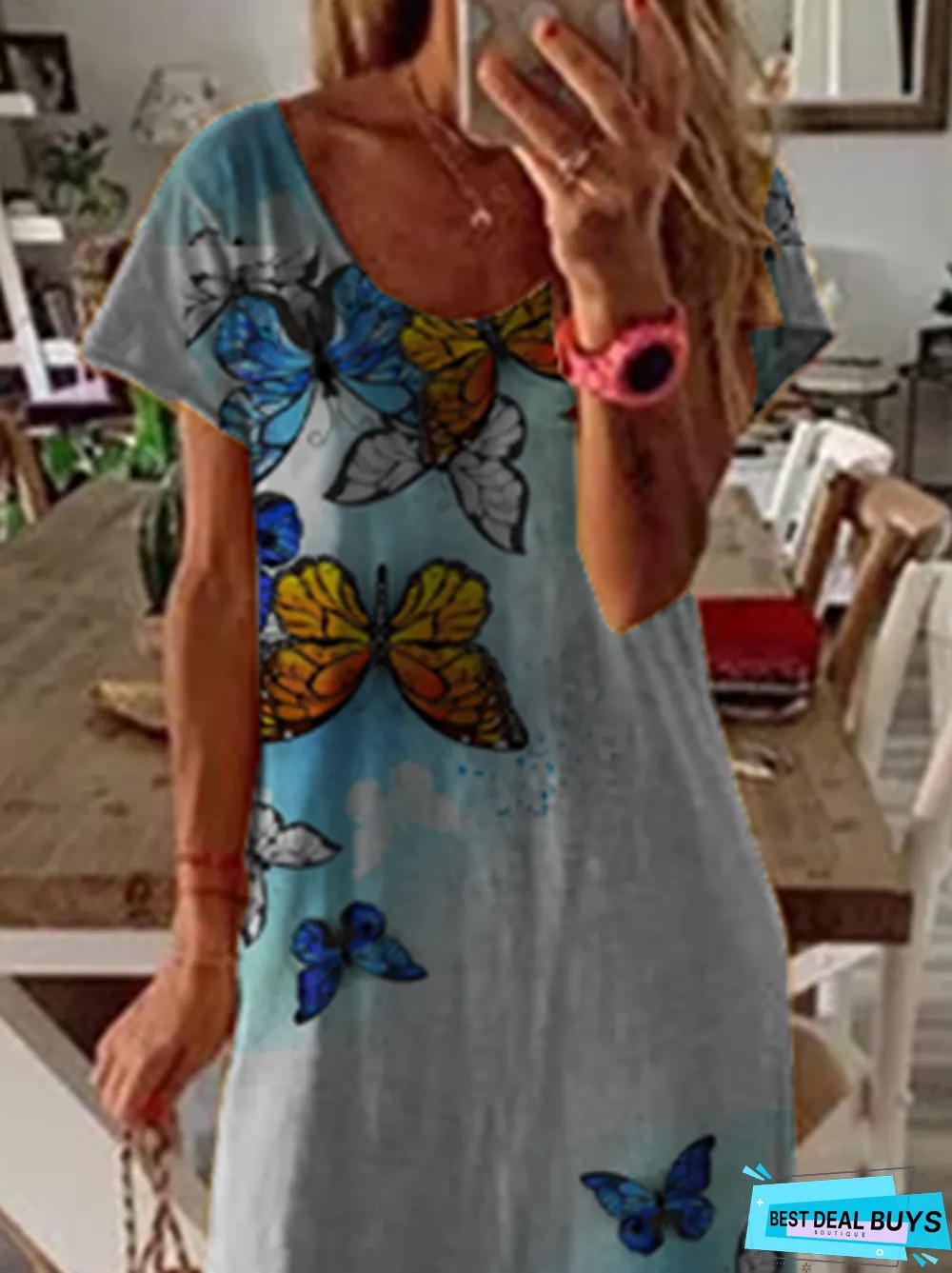 Boho Shift Butterfly Short Sleeve Knitting Dress