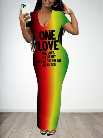 Colorful One Love Print Short Sleeve Bodycon Maxi Dress