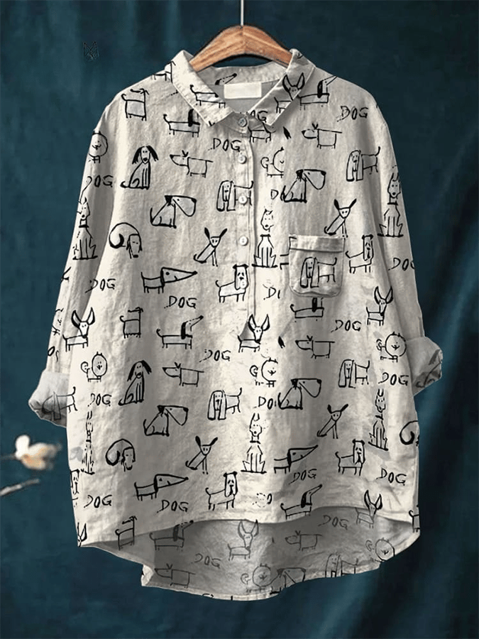 Womens Puppy Print Casual Cotton And Linen Shirt