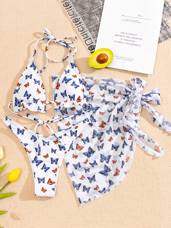 Butterflies Print Backless Triangles Brazilian Beach Skirt Three-Pieces Bikini Swimwear