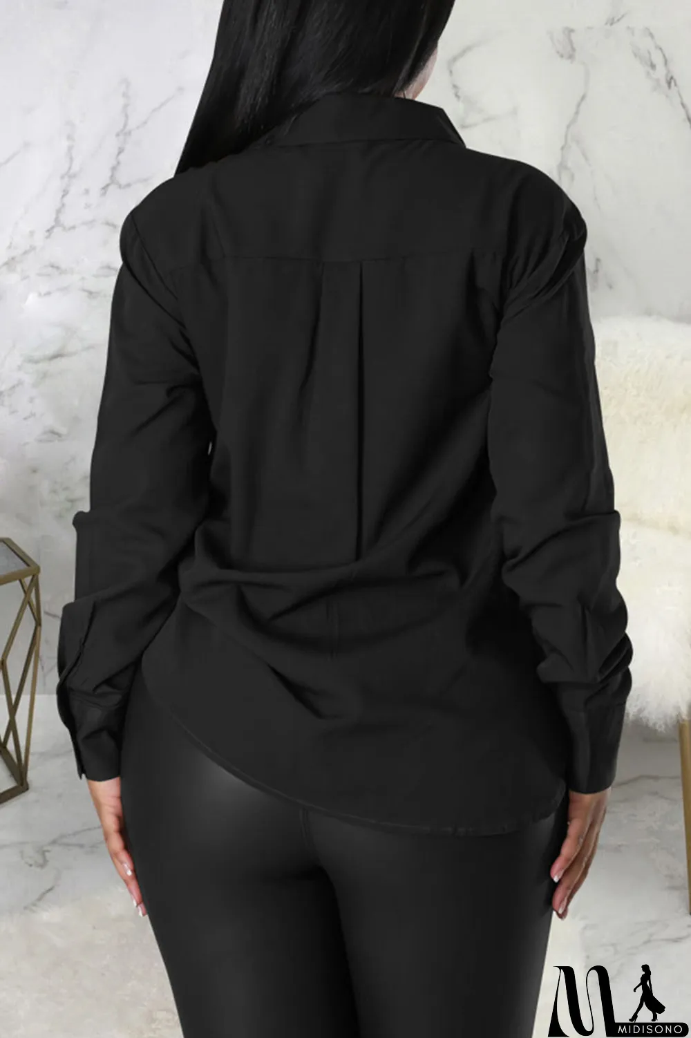 MidiSono - Brown Casual Solid Patchwork Buckle Turndown Collar Tops