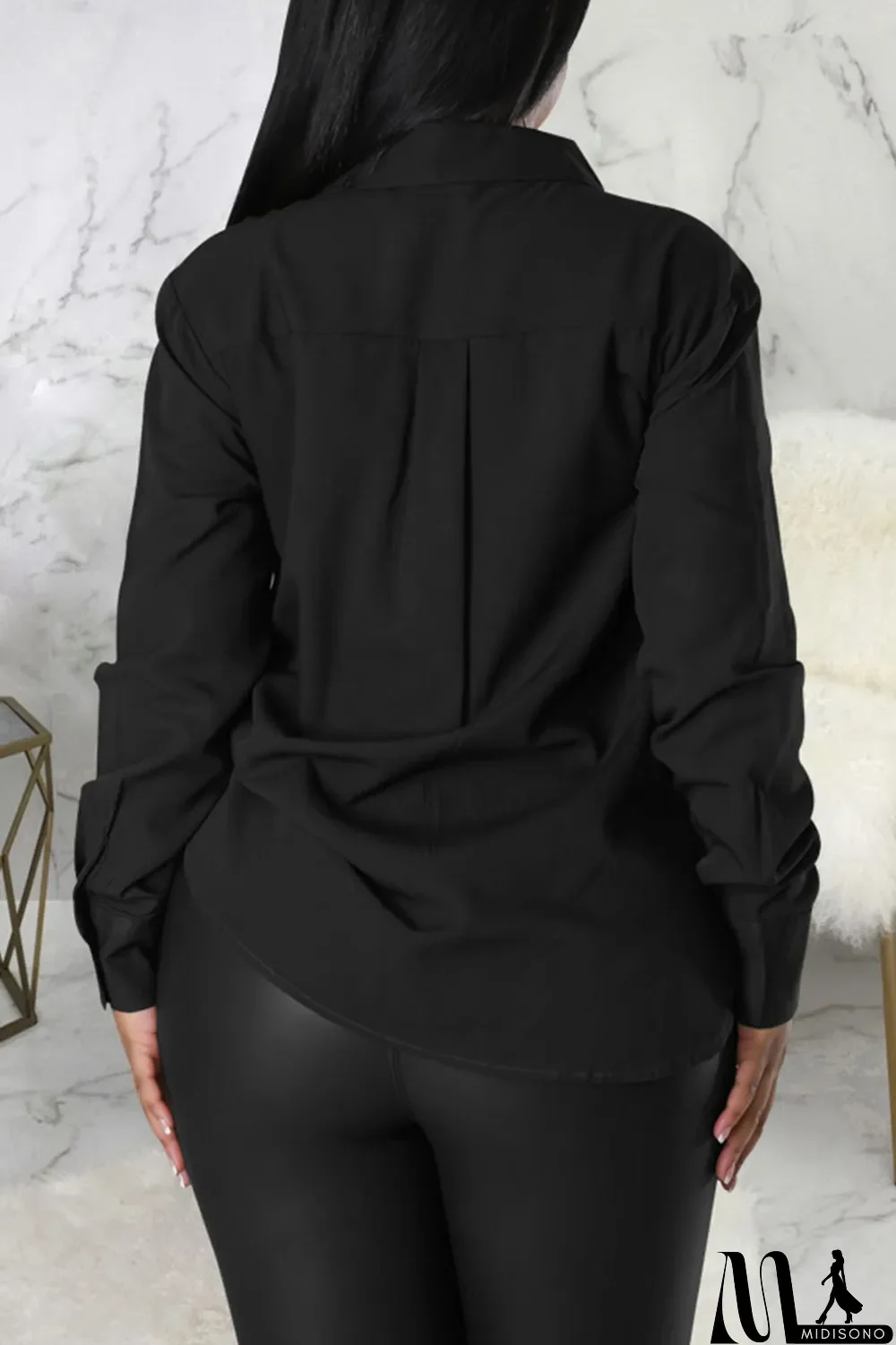 MidiSono - Brown Casual Solid Patchwork Buckle Turndown Collar Tops