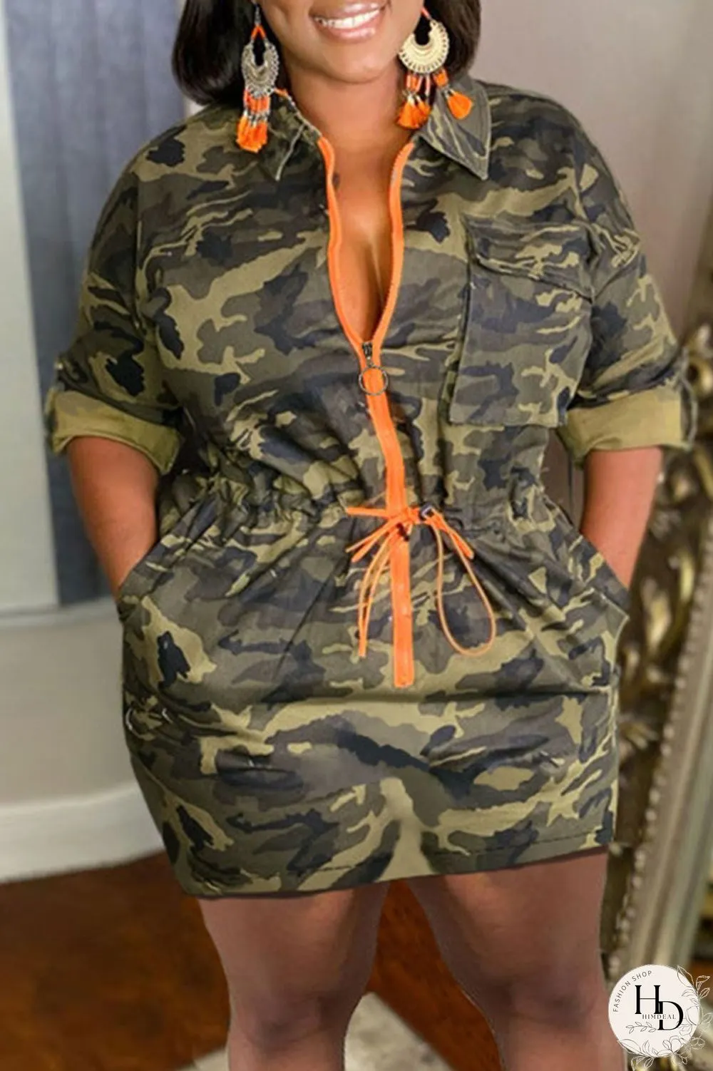 Camouflage Casual Camouflage Print Patchwork Draw String Zipper Turndown Collar Straight Dresses