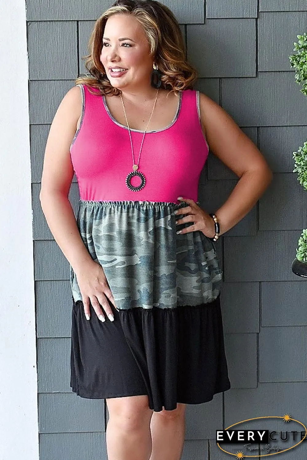 Plus Size Camo Colorblock Patchwork Sleeveless Dress