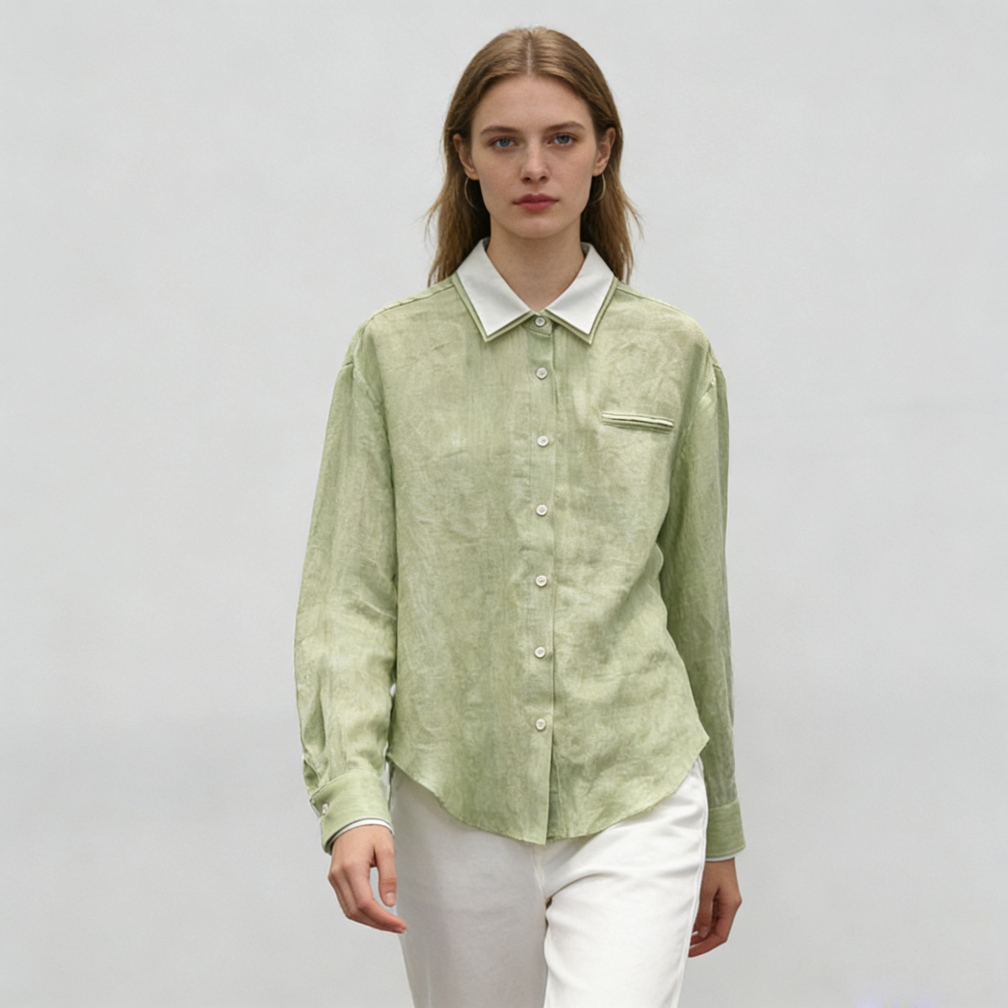 Linen Shirt Women 100% Linen Contrast Collar Oversized Top REAL SILK LIFE
