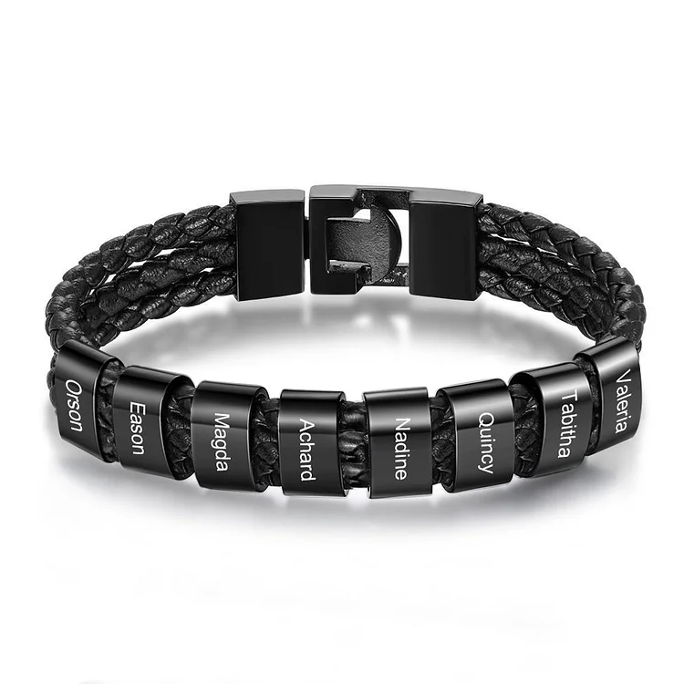 Men Leather Bracelet with 8 Beads Engraved 8 Names Three Layers Bracelet
