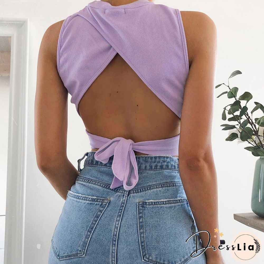 Sexy Backless Women Tank Top Bandage Slim Crop Top Summer Casual Streetwear Tops Solid Cotton Soft Criss Cross Top