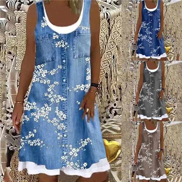 Women Fashion Sleeveless Dress Casual Loose Floral Print Swing Flared Sundress - Life is Beautiful for You - SheChoic