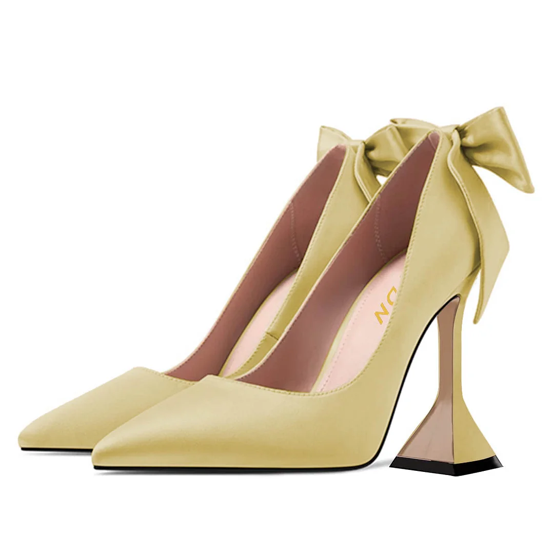 YDN Satin Pointy Toe Pearl Bow Flared Heel Pumps Shoes in Yellow