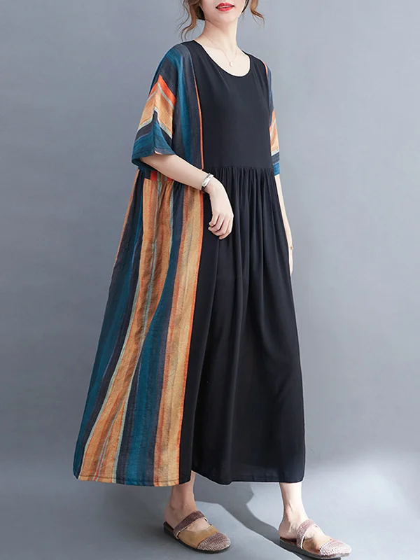 Loose Contrast Color Striped Pleated Midi Dress