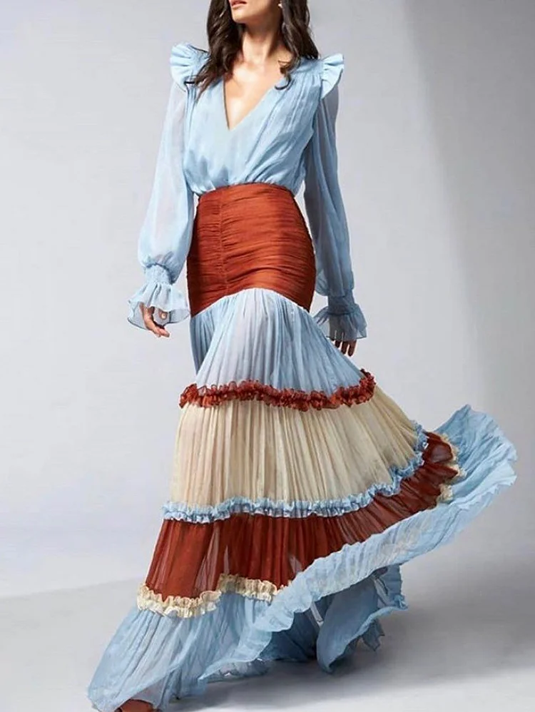 Ursime Elegant Plunging Neck Colorblock Ruffle Maxi Dress
