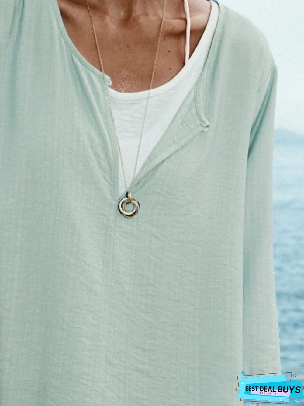 Blue Cotton V Neck 3/4 Sleeve Shift Tunic Top