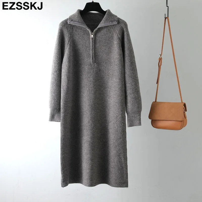 autumn winter warm Loose zipper thick sweater dress for women staight sweater dress women loose long dress Female chic dress