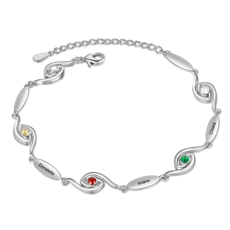 Personalized Evil Eye Bracelet with 3 Birthstones Engraved 3 Names Women Bracelet
