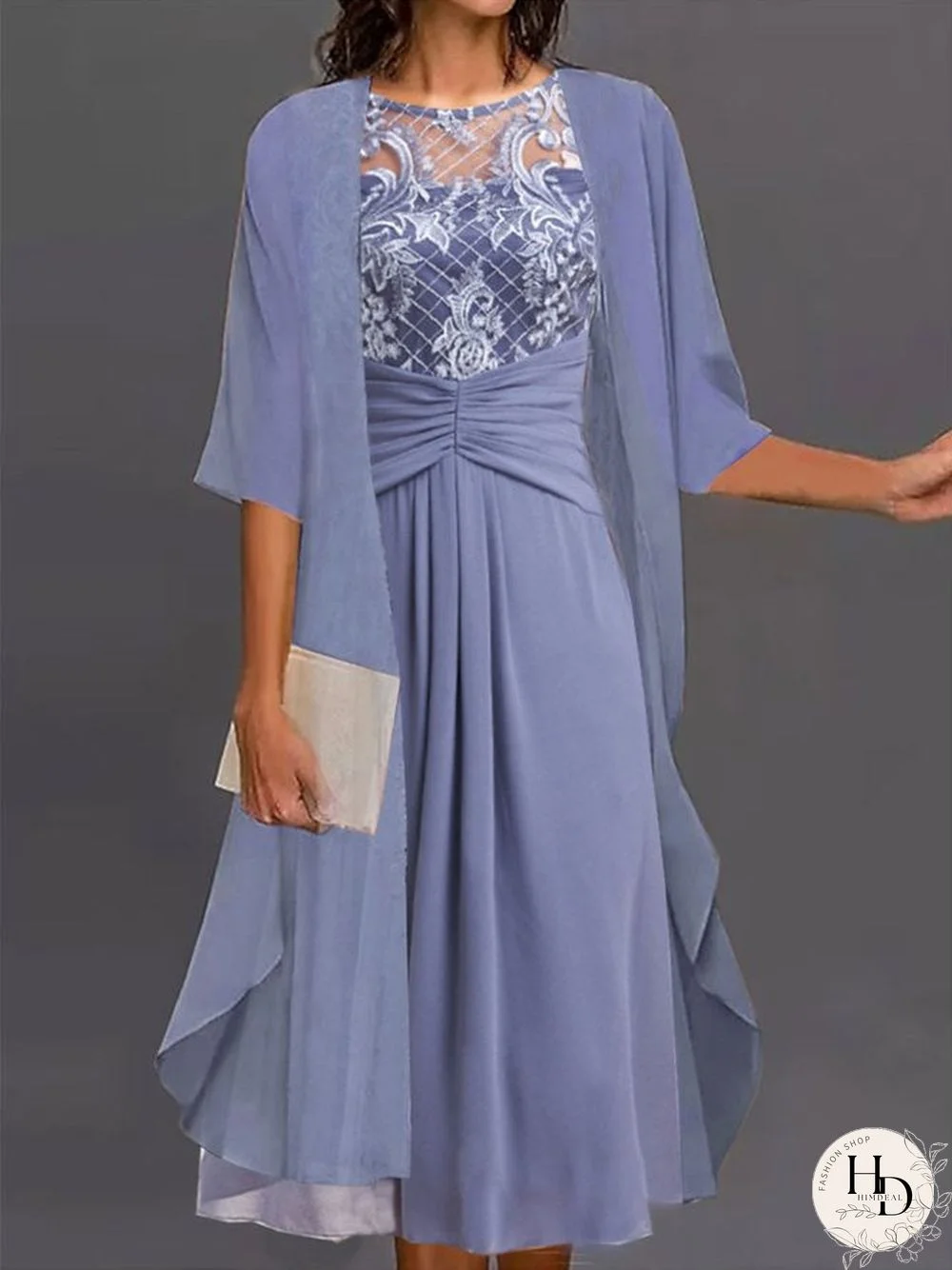Women Half Sleeve Scoop Neck Lace Two-Piece Midi Dress