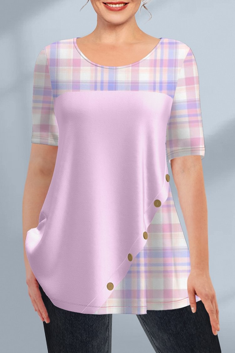 Flycurvy Plus Size Casual Pink Plaid Print Asymmetrical Design Decorative Button Blouse  Flycurvy [product_label]