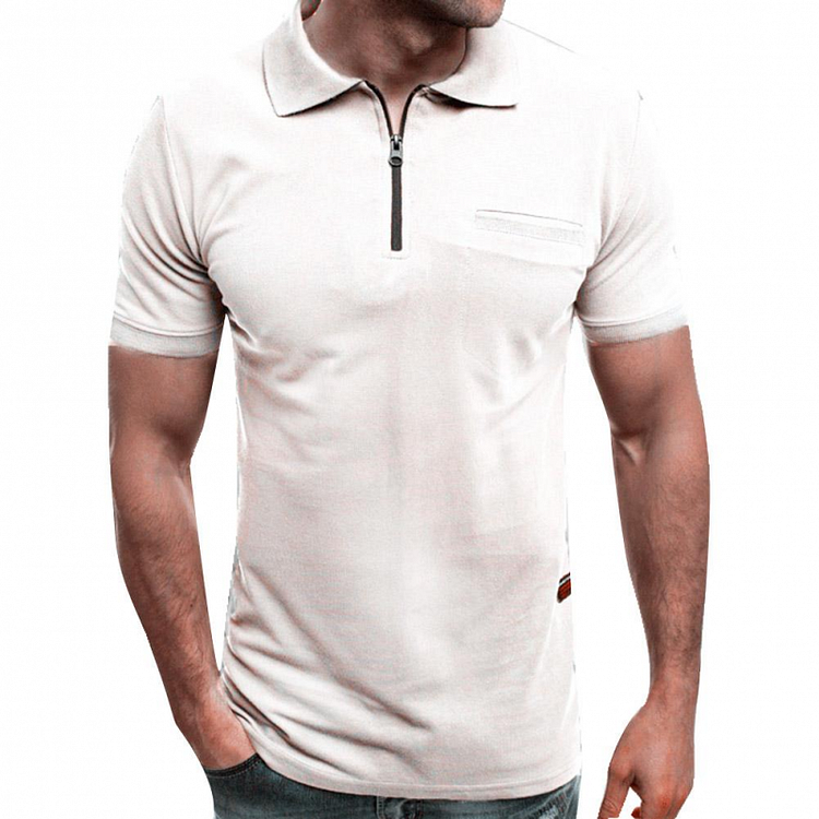 Solid Color Summer Men's Zipper Casual Short Sleeve Polo Shirts at Hiphopee