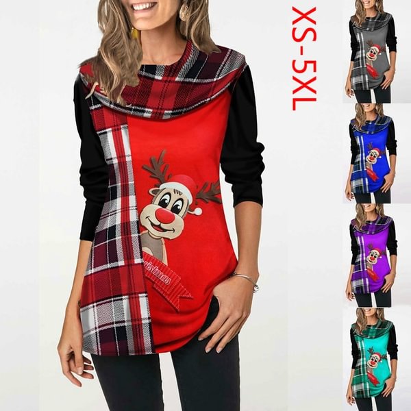 Women's Fashion Christmas Elk and Plaid Print Long Sleeve T Shirt - BlackFridayBuys