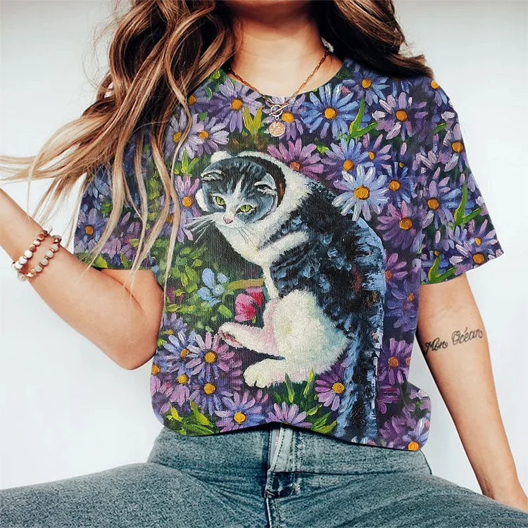 Flower Kitten Oil Painting Art Print T-shirt socialshop