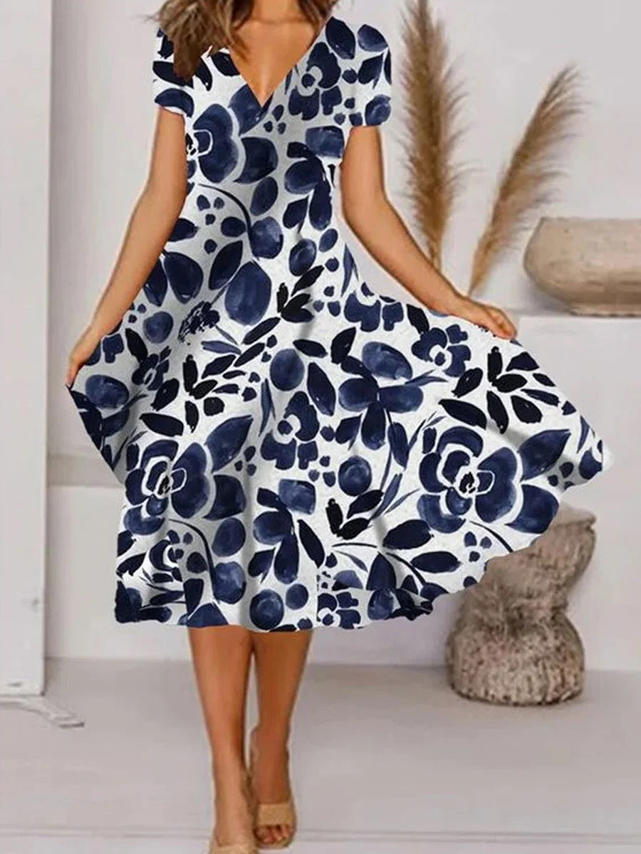 V-neck Casual Loose Ink Print Short Sleeve Midi Dress