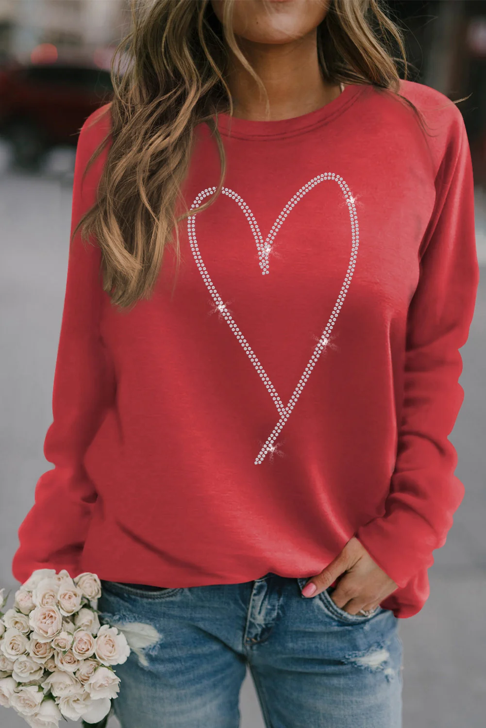 Red Rhinestone Heart Shaped Long Sleeve Sweatshirt | IFYHOME