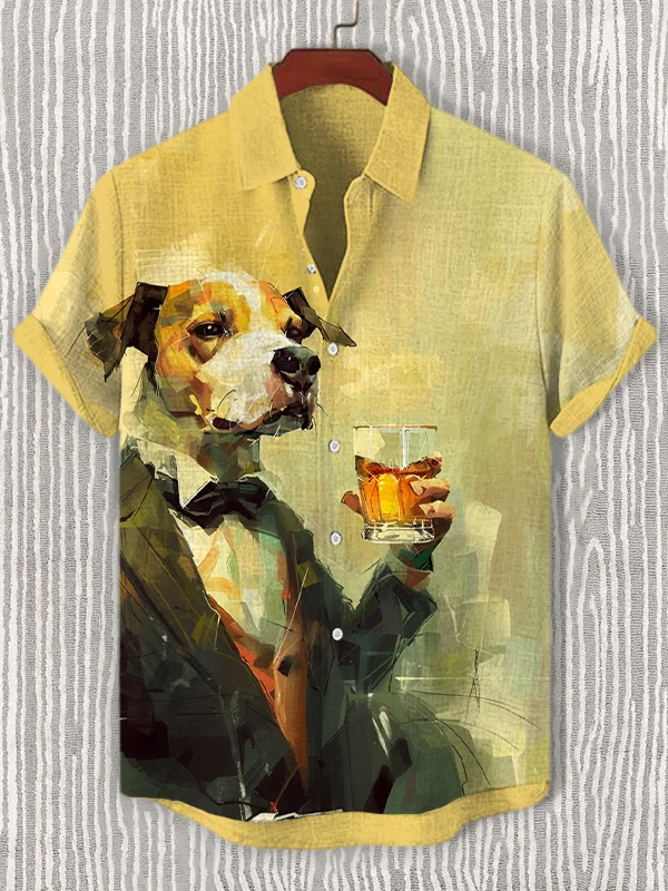 Men's Gentleman Dog Drinking Whiskey Art Print Casual Shirt