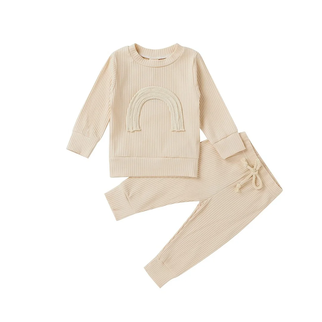 Baby Girl Ribbed Clothes Set Knitting Pullover, Lace-up Pants, Round Collar Long Sleeves Rainbow Top Sports Home Jogger Trousers