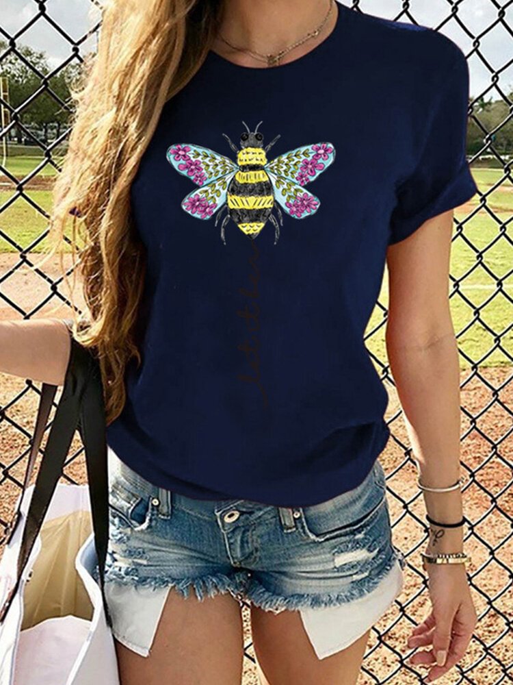 Bee Letter Print Short Sleeve O neck Casual T shirt For Women P1722524