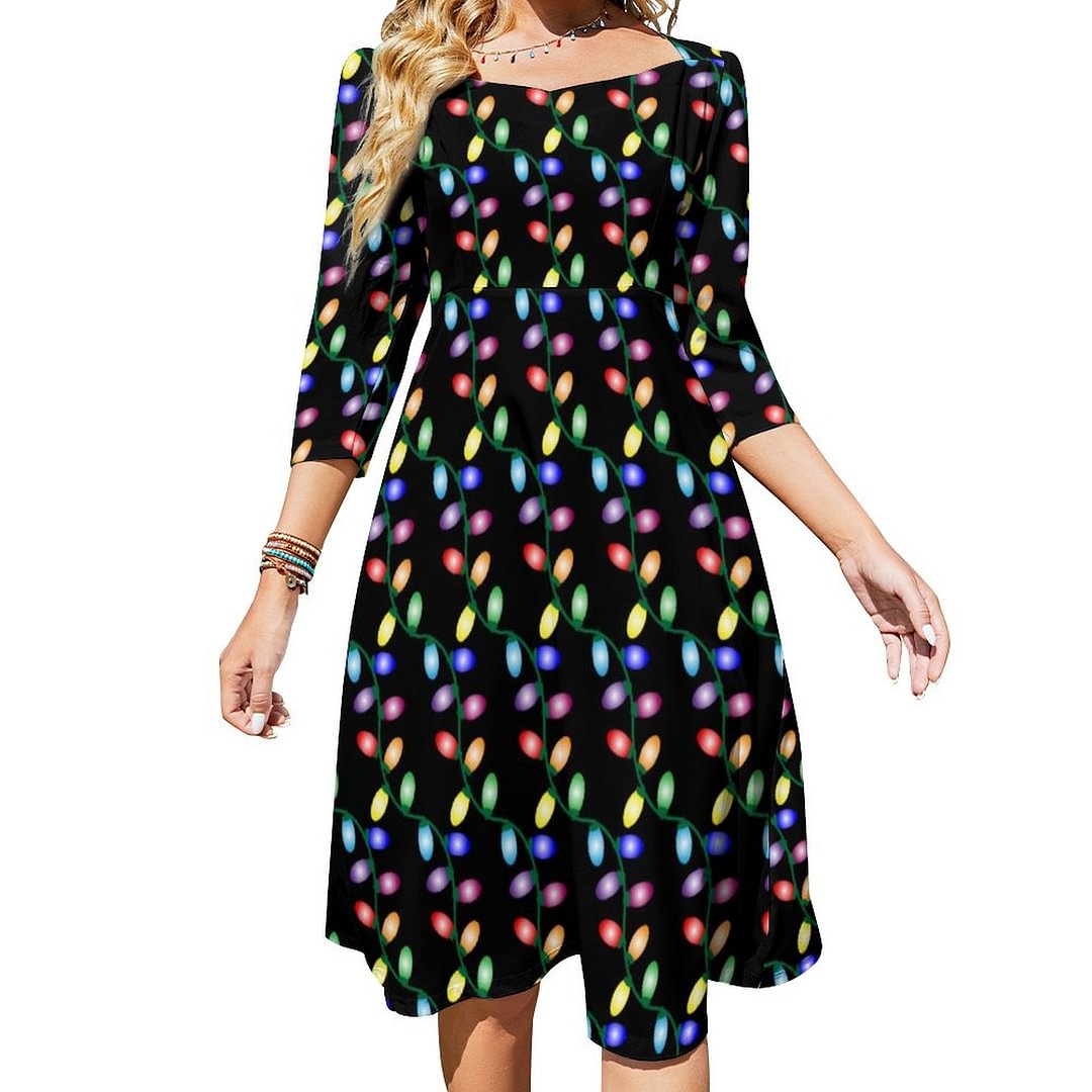 Merry And Bright Dress Sweetheart Tie Back Flared 3/4 Sleeve Midi Dresses