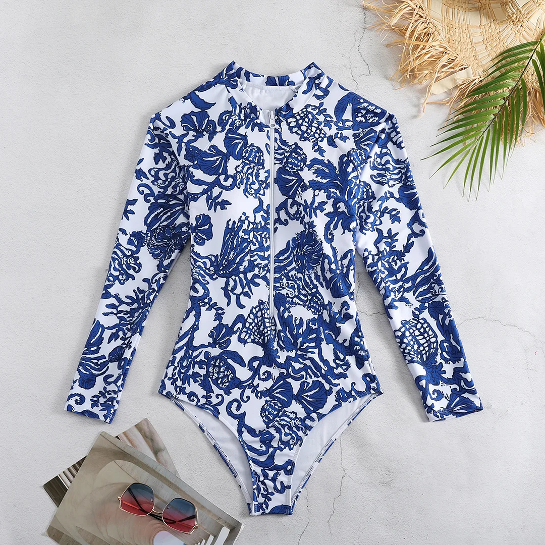Uveng Printed Swimsuit Women 2025 New Long-Sleeved Zipper Surfsuit Sexy Swimsuit Export