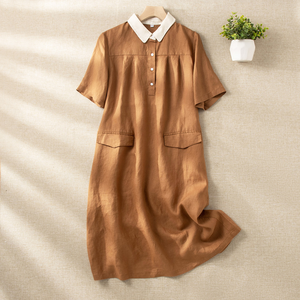 Cotton Linen Collar Midi Dress Color Block Short Sleeve Women's Clothing Artistic Sle Polo Collar Loose Waist Spring Dress