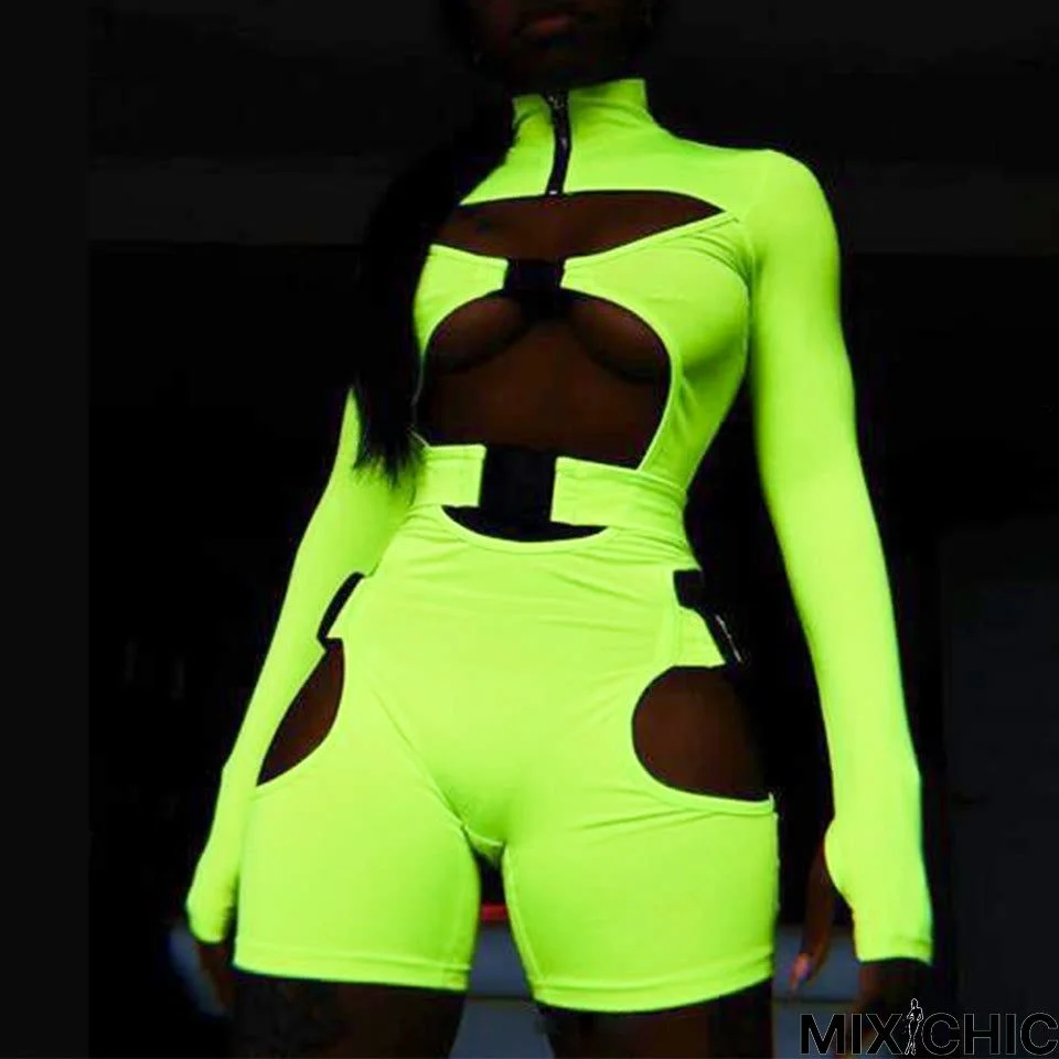 Women's Shorts Fluorescent Green Long Sleeve Jumpsuit