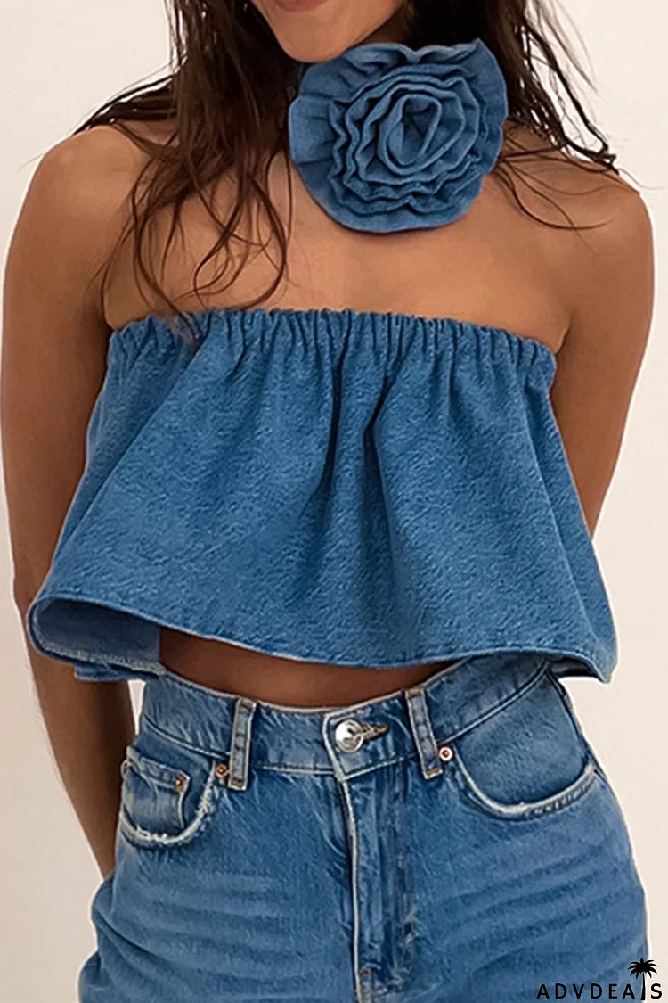 Denim Strapless Crop Top With Floral Choker