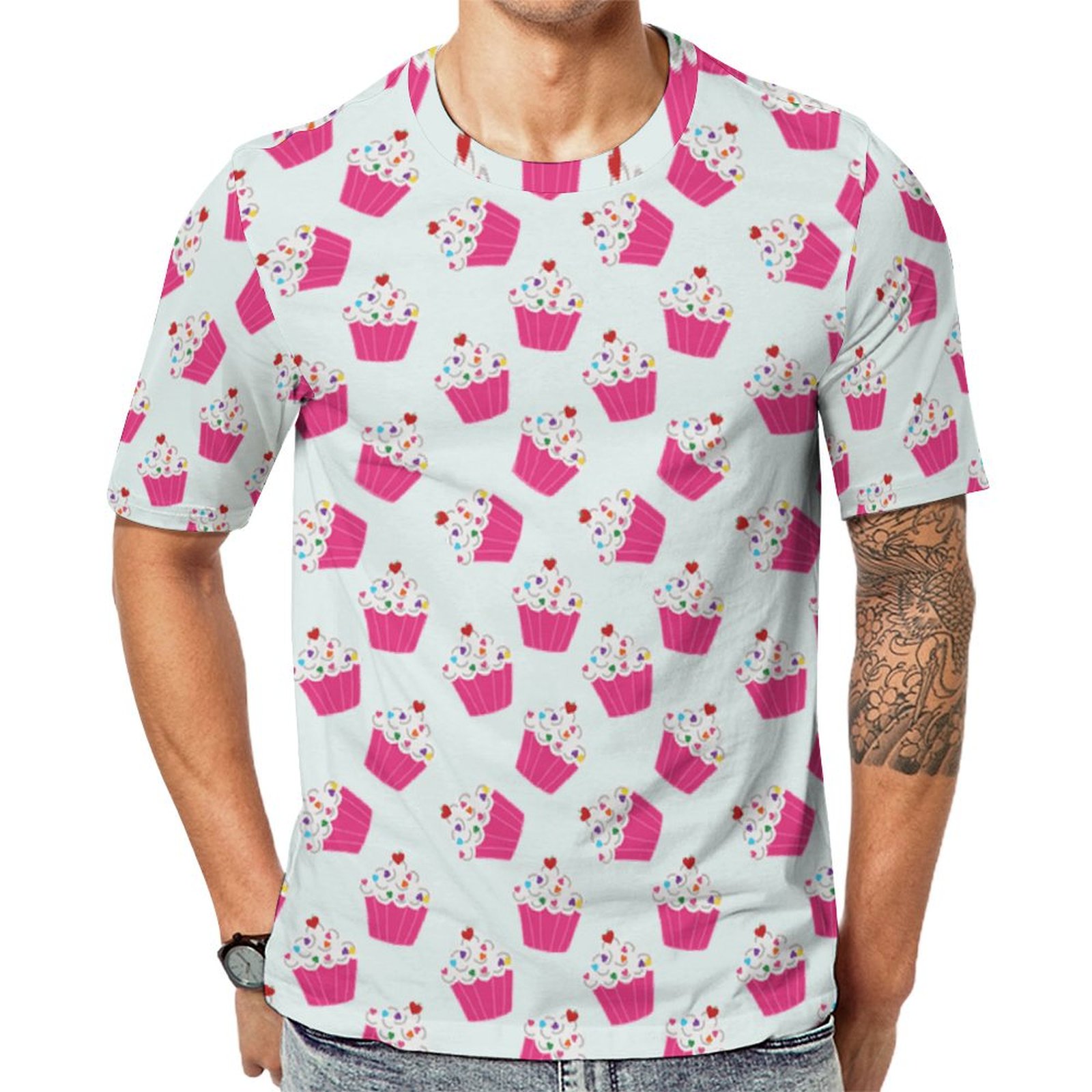 Happy Pink Heart Cupcakes Sweet Bakery Short Sleeve Print Unisex Tshirt Summer Casual Tees for Men and Women Coolcoshirts