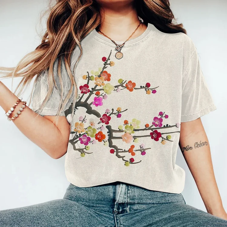 Comstylish Women Japanese Art Plum Blossom Printed Round Neck T-Shirt