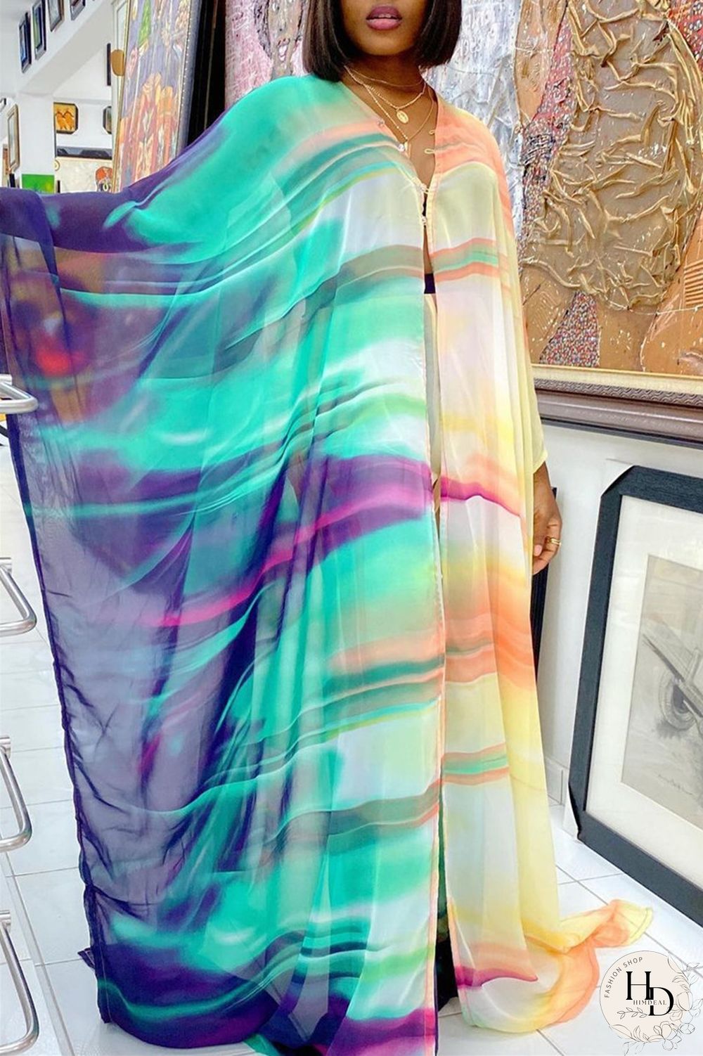 Blue Fashion Casual Print Slit V Neck Long Sleeve Two Pieces