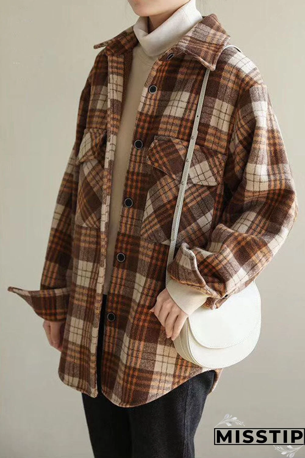 Classic Thick Colorblock Checked Button Down Shirt Jacket Woolen