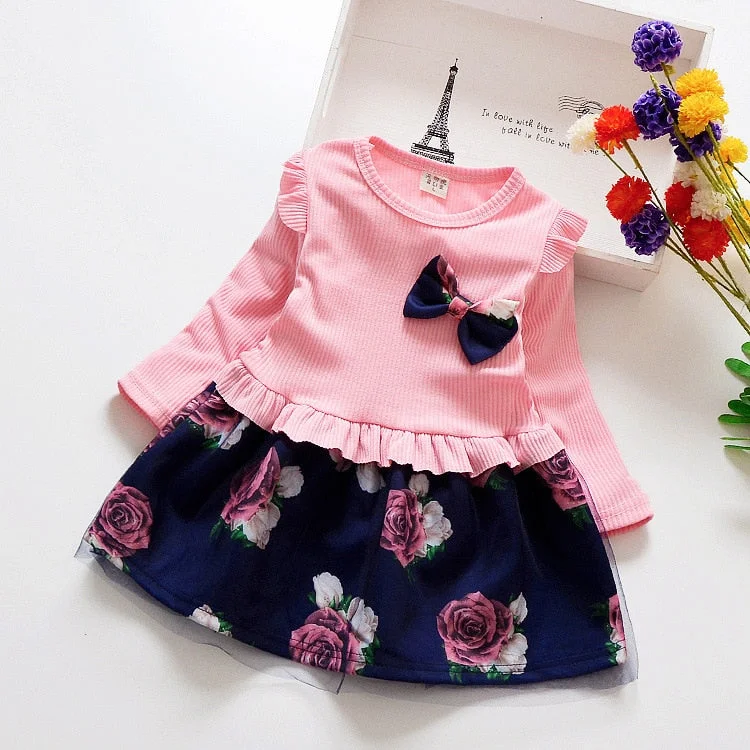 1 to 6 Yrs Spring Autumn Toddler Girl Dress Long Sleeve Toddler Dress Floral Bow Kids Dresses for Girls Fashion Girls Clothing
