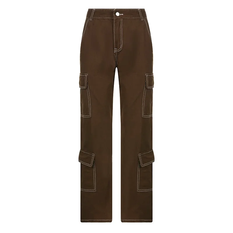 Weekeep Vintage Brown High Waist Cargo Pants Women Fashion Big Pockets Patchwork Baggy Denim Jeans Harajuku Trousers Streetwear