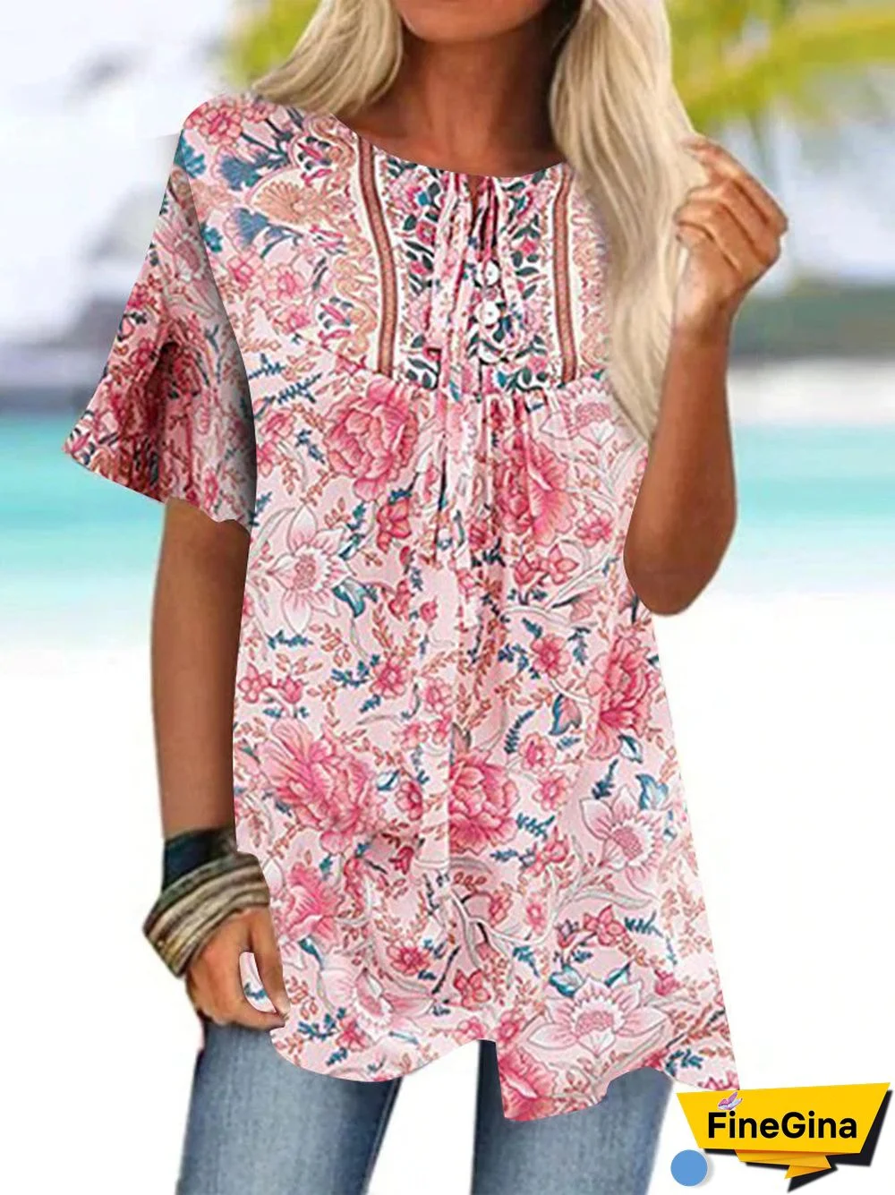Women Short Sleeve Scoop Neck Floral Printed Graphic Top
