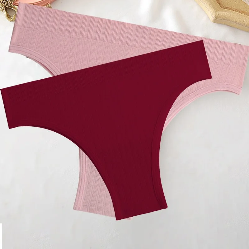 FINETOO 2PCS/Set M-XL Women Seamless Pantys 9 Solid Colors Sexy Brazilian Panties  Midi-Waist Underpants For Girls Fashion Thong