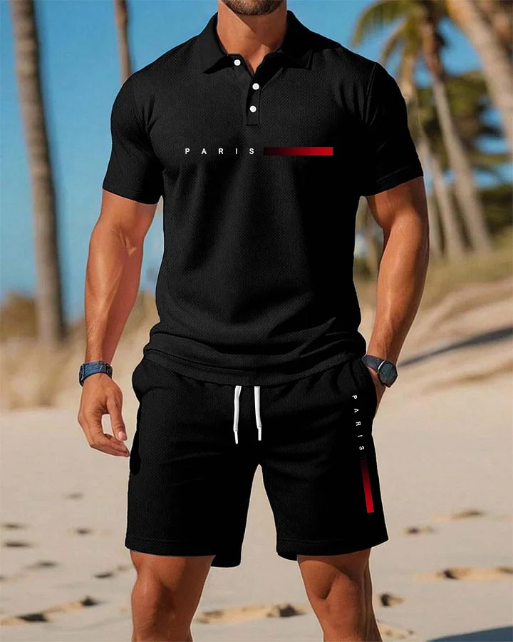 Men's Summer Beach Series PARIS Fashion Printed POLO Shirt Set
