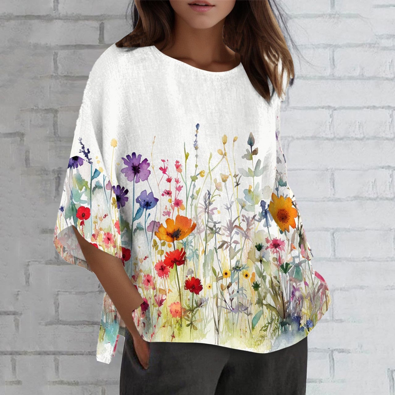 Comstylish Floral Print Crew Neck Linen T-Shirt