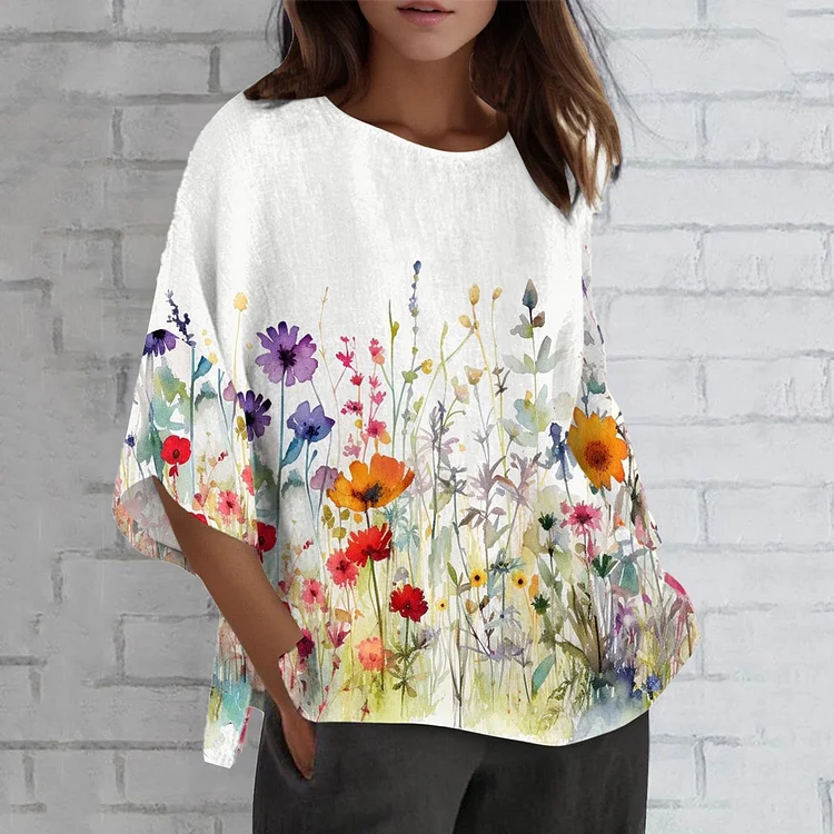 VChics Floral Print Crew Neck Linen T-Shirt