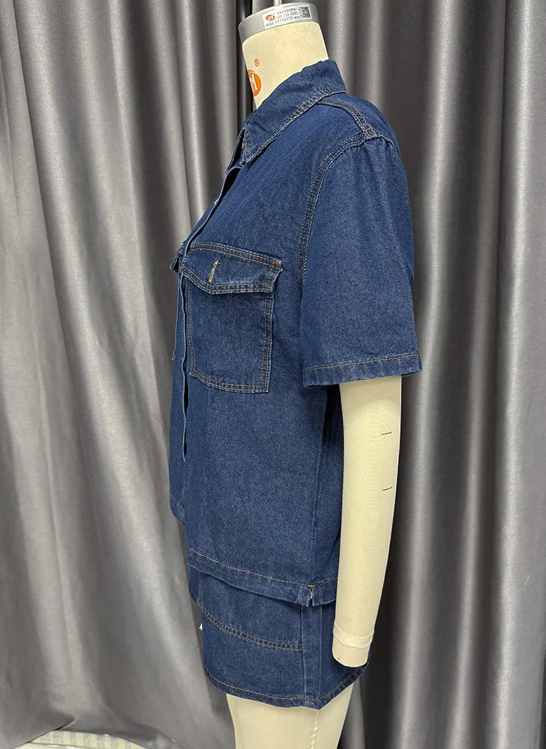 Retro Casual Loose Pockets Short Sleeved Shirt Shorts Denim Two Piece Sets