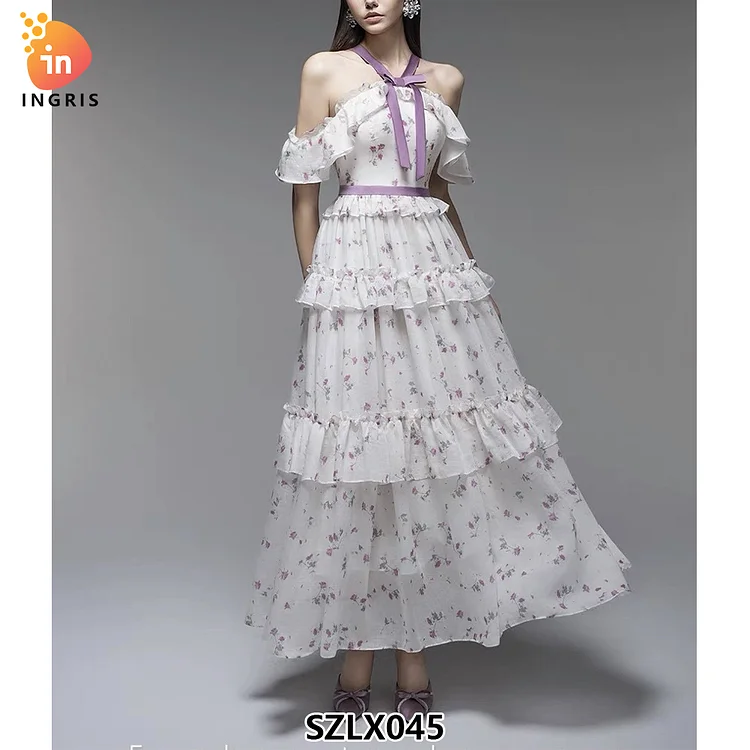 2025 spring and summer new French sweet wind personality of slim fit and thin floral neck hanging V-neck dress-SZLX045