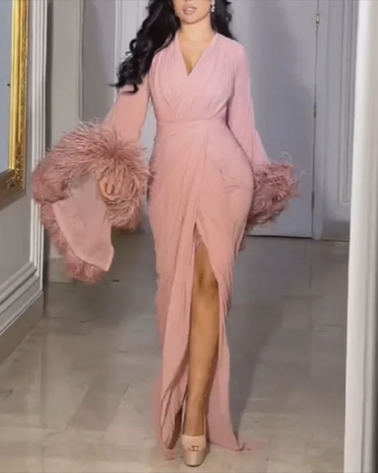 Women's V-neck trumpet sleeve feather Dress