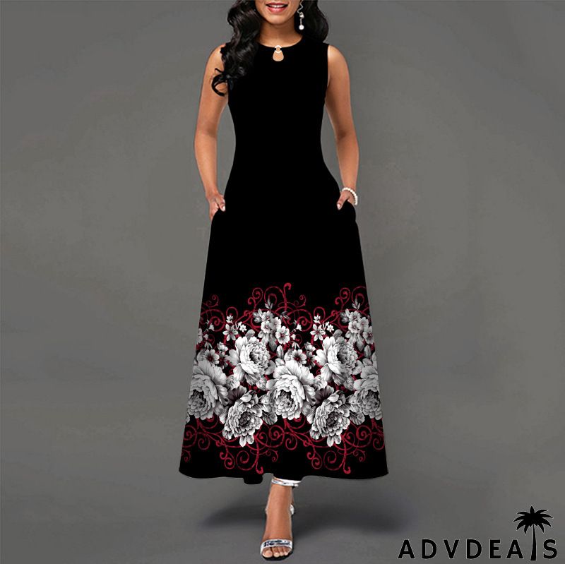 Women Fashion Plus Size Graphic Printing Sleeveless Swing Dress