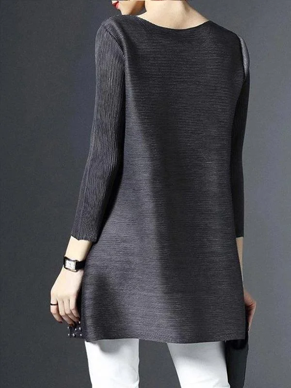 Gray Beaded Plain 3/4 Sleeve Crew Neck Tunic